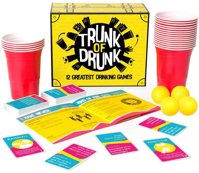 Everything inside the Trunk of Drunk box: cups, balls, cards and rule booklet